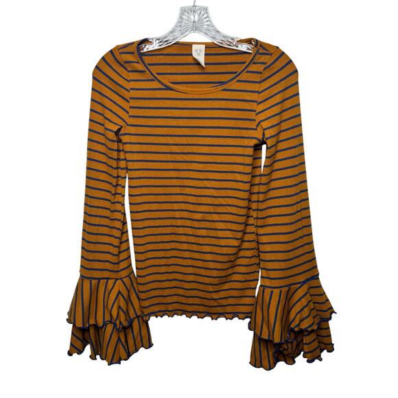 We The Free People S Striped Bell‑Sleeve Lettuce‑Edge Ruffled Knit Top - Picture 1 of 10